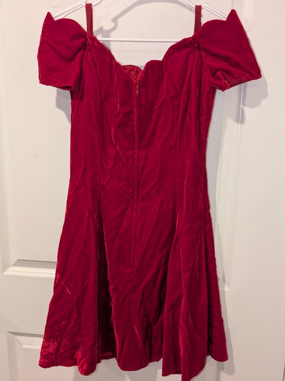 Red Satin Off Shoulder Dress | Vintage Inspired Romantic Midi Old Hollywood - Picture 2 of 4